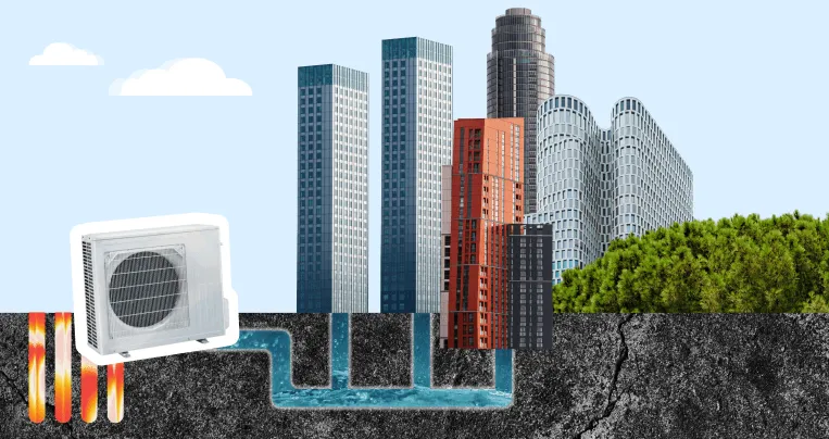 Several buildings connected to one shared low-temperature ground loop with a common borehole field