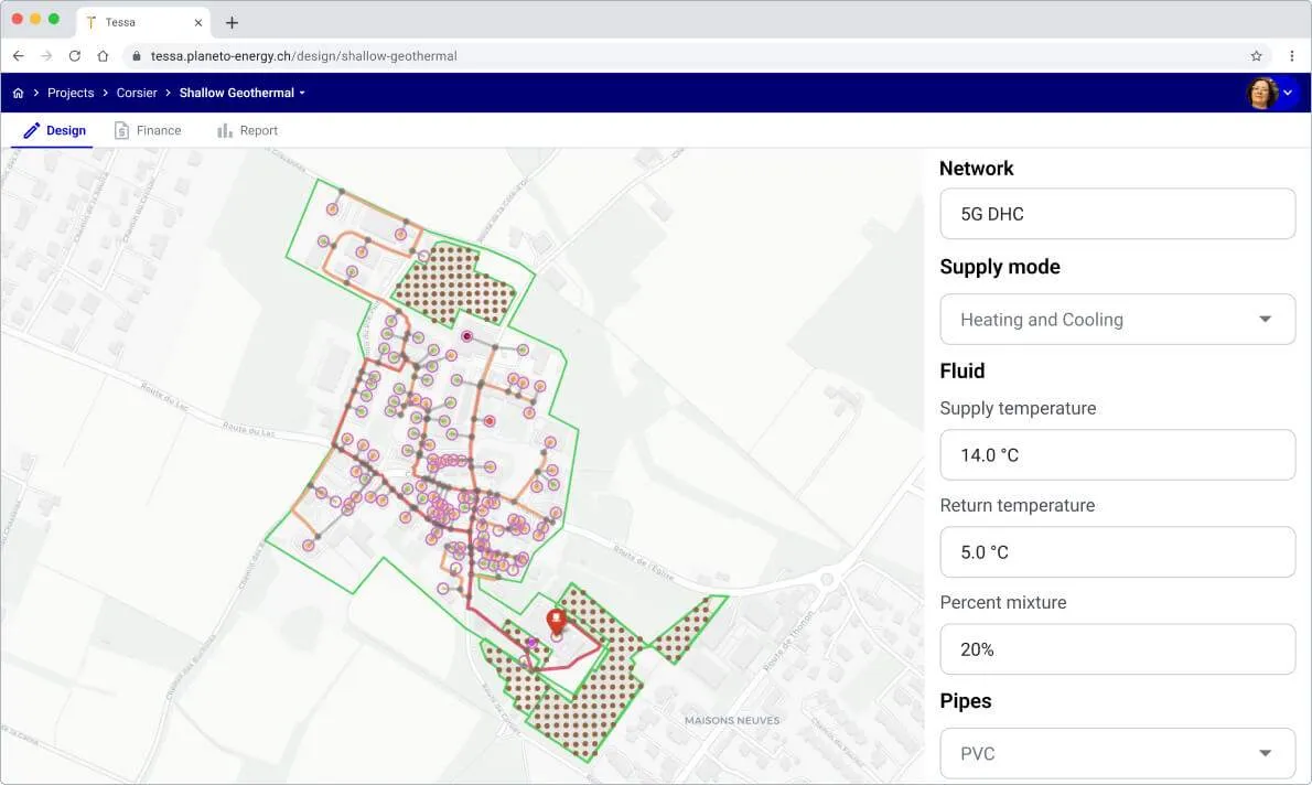 A 5G low-temperature district heating and cooling network with shallow geothermal borehole fields, designed in Planeto A 5G low-temperature district heating and cooling network with shallow geothermal borehole fields, designed in Planeto